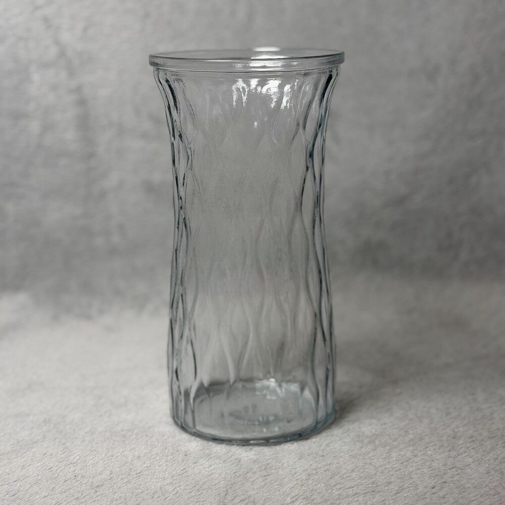 Clear Glass Flower Vase 8.5 Inch Textured Wavy Diamond Pattern Hourglass Shape
